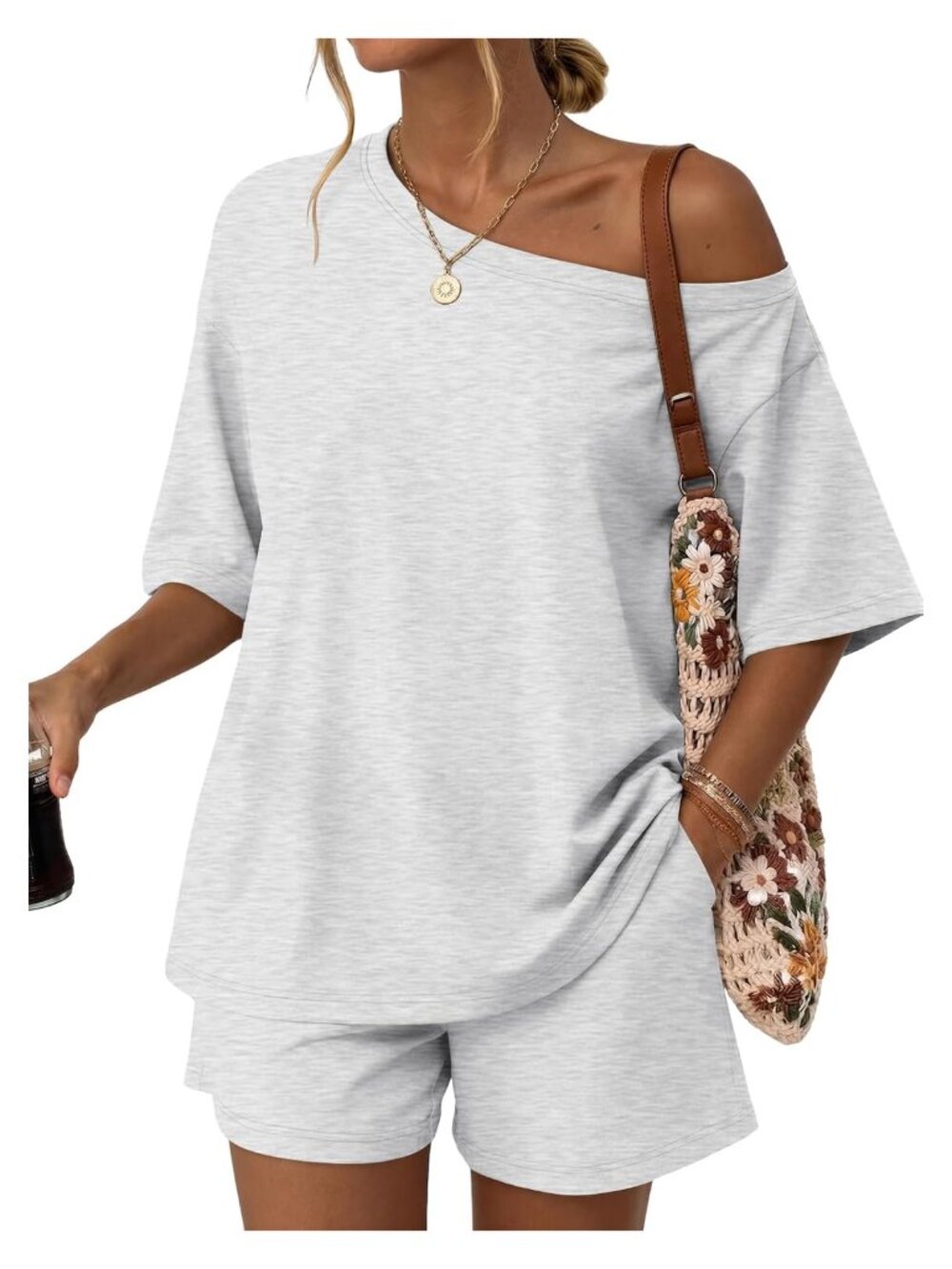 Womens 2 Piece Shorts Set Off Shoulder Oversized Top Lounge